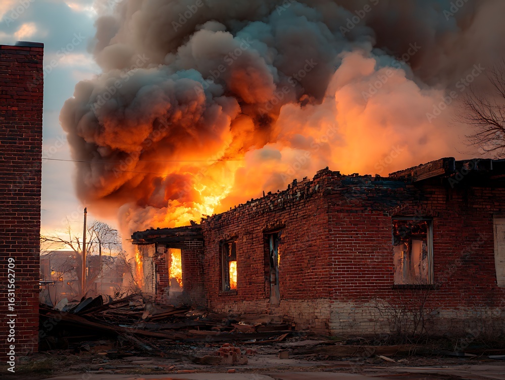 Intense house fire with billowing smoke and bright flames engulfing a brick building Intense house fire with billowing smoke and bright flames engulfing a brick building