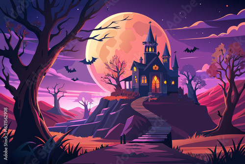 Spooky haunted castle on a hill under a large full moon with bats flying at night