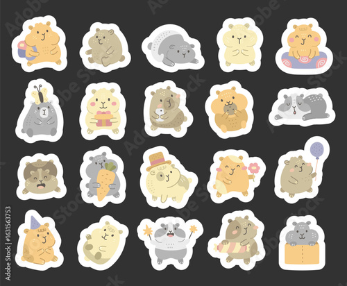 Hamster character set in scandinavian style with different emotions poses holding objects including backpack, smartphone, cookie, carrot, flower, balloon, party hat, sparkler and box