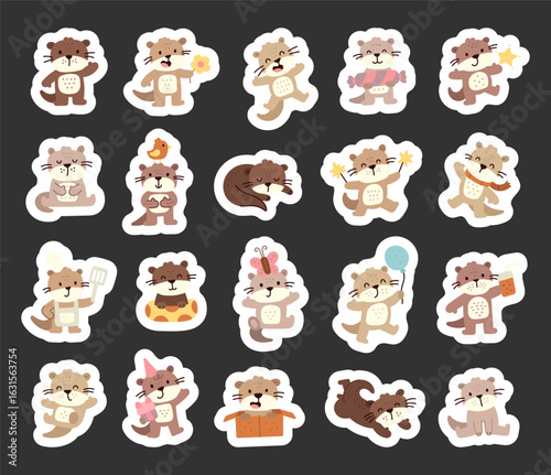 Otter character set in scandinavian style with different emotions poses holding objects including flower, candy, gift, spatula, scarf, balloon, party hat, sparkler and box for designs projects