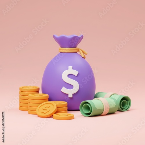 Purple money bag with dollar sign and coins