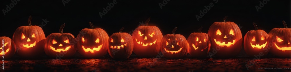 Fototapeta premium Spooky Row of Illuminated Halloween Pumpkins on a Dark Backdrop