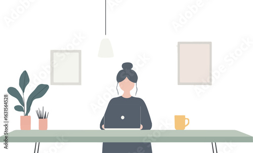Woman working from home office at the desk vector illustration freelancer working on laptop computer at home cozy workplace interior design with houseplants and