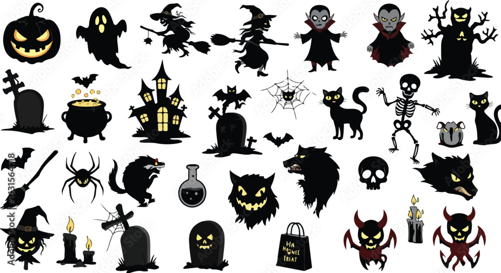 Fototapeta premium Assortment of Halloween silhouette illustrations on a white background