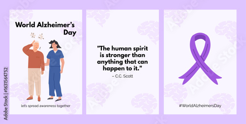 World Alzheimer Day social media campaign with elderly characters, awareness ribbon, memory loss message and supportive care theme. Concept of dementia awareness and elderly support banner template. 