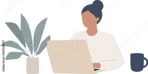 Woman working on laptop with coffee and plant vector illustration in flat design style perfect for social media posts blogs websites and articles