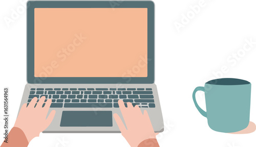 Hands typing on laptop keyboard with coffee mug beside vector illustration isolated on white background concept for freelance work from home online study and