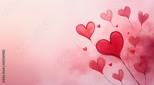 Soft pink and red washes with delicate heart shapes, with empty space on the left for text, copy space