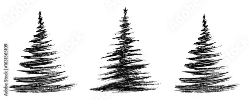 Set of Christmas trees drawn with chalk. Silhouettes of Christmas trees in crayon style. Hand drawn Christmas trees with pencil strokes. Hand cliparts for New Year and Christmas designs.