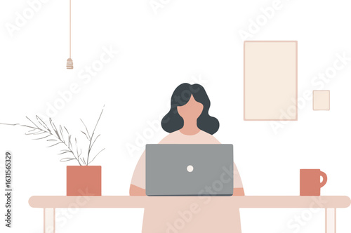 Woman working on laptop at home office desk with plant and coffee mug vector illustration in simple trendy flat style concept for freelance working from home