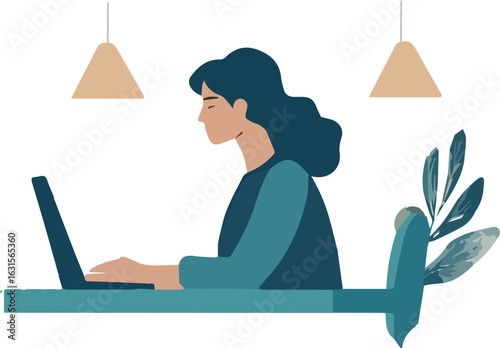 Woman working on laptop at home office vector illustration with two hanging lights and plant in background flat design style perfect for business and technology