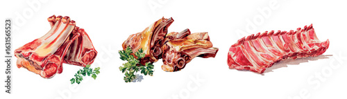 Watercolor meat products set. Fresh meat with steak ribs for cooking. Meat ribs beef,lamb for grilling,barbecue,frying. Meat cliparts for menu, grill bar etc. Vector illustration.