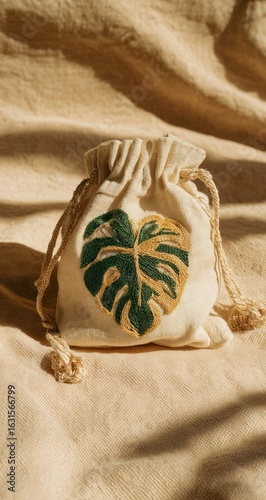 Handcrafted pouch with embroidered monstera leaf