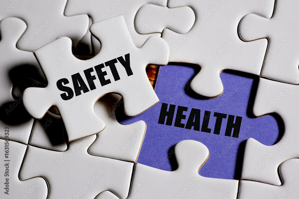 Fototapeta premium Safety and Health Puzzle Pieces Interlocking to Represent Security and Well-being in a Connected System with White Jigsaw