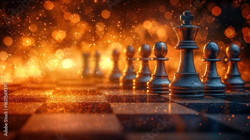 Chess pieces in dramatic lighting on a checkered board