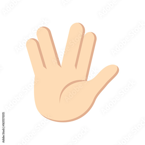 A single hand with fingers parted in a vulcan salute gesture on a plain white isolated background view