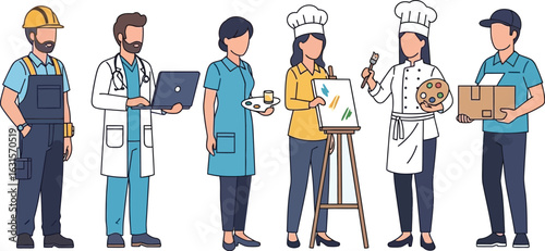 A diverse group of professionals representing various occupations standing in a row together