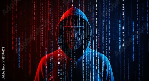 A hooded figure with binary code, symbolizing cybersecurity and cybercrime risks