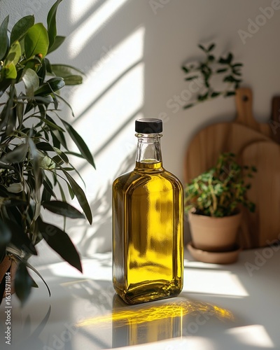 Clear glass bottle of golden olive oil, bathed in sunlight, beside plants