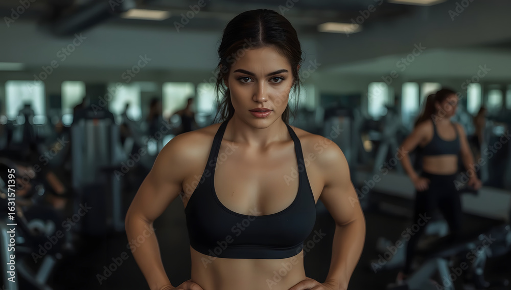 Fototapeta premium Full length portrait of a fit and toned athletic woman with a determined facial expression and a subtle smile, wearing a sleek black sports bra and leggings, her dark hair tied back in a ponytail
