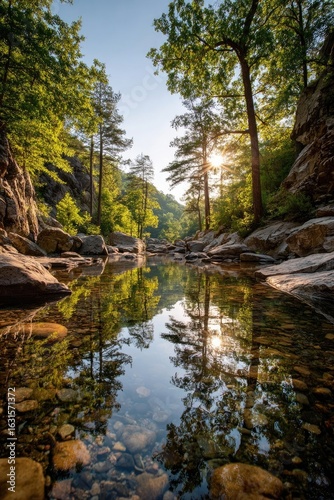 Tranquil mountain stream, sunlit reflections