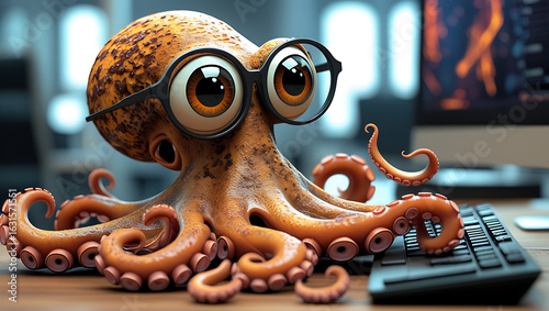 Cartoon Octopus Wearing Glasses on Keyboard character