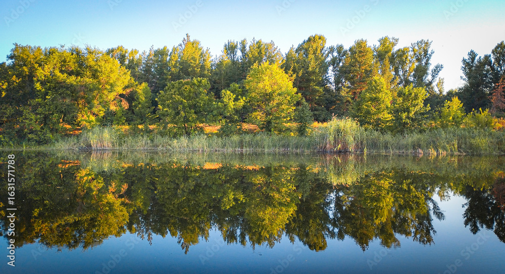 Fototapeta premium Soft sunlight illuminates the green trees on the bank, whose sharp reflections create perfect symmetry in the calm water. This idyllic landscape, filled with tranquility, emphasizes the harmony betwee