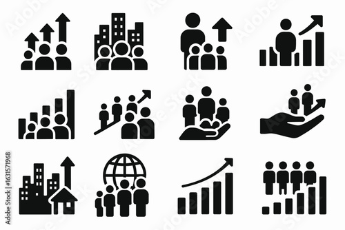 Population Growth – 12/16 Solid Black Silhouette Vector EPS Set Collection