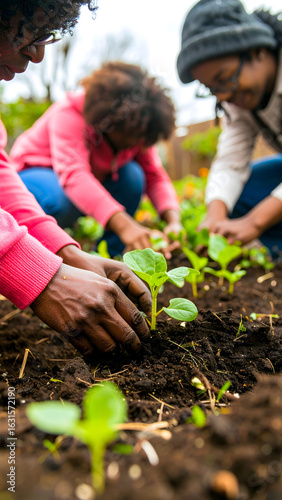 Plantando un huerto de verduras en comunidad con la luz del verano