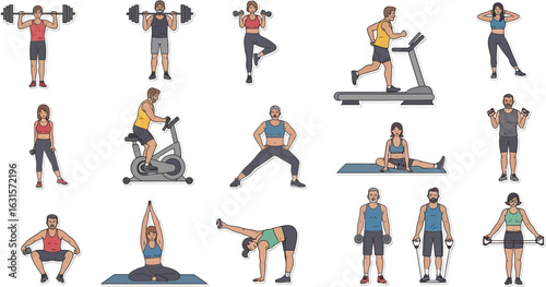 Collection of diverse people exercising with weights, machines, and yoga poses on a white background