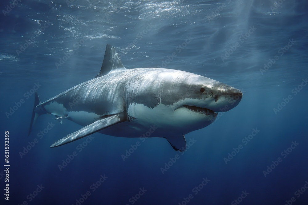 Fototapeta premium Mighty Great White Shark - A 21-Foot Coastal Predator Thriving in Aquatic Depths