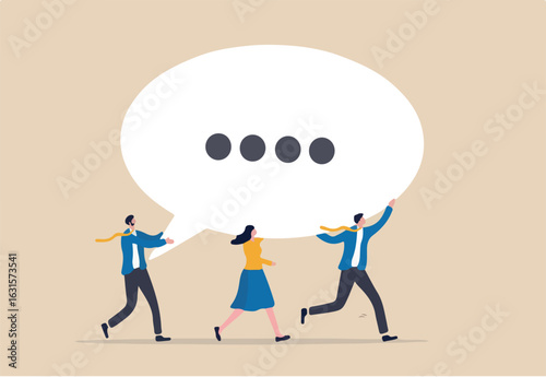 Team discussion, community or social feedback, communication or announcement dialog, team meeting concept, businessman and businesswoman team members help carrying big speech bubble with copy space