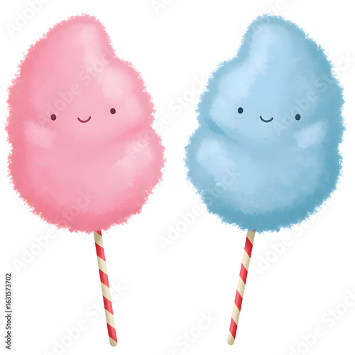 Cute Pink and Blue Cotton Candy with Happy Smiles on Sticks