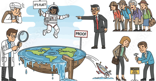 Cartoon illustration depicting flat earth theory with people and a flat earth model shown clearly