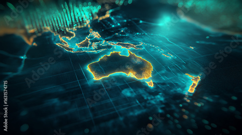 A high-tech futuristic map of australia glowing in cyan and electric blue tones. Sci-fi style, holographic atmosphere