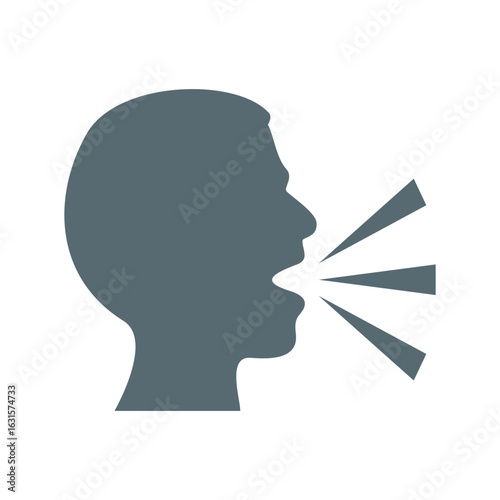 Silhouette of a head with mouth open and lines coming out representing speech or sound waves visible