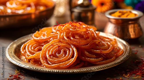 Close-up of golden jalebi dessert with saffron strands, evoking festive indulgence for India's Independence Day.