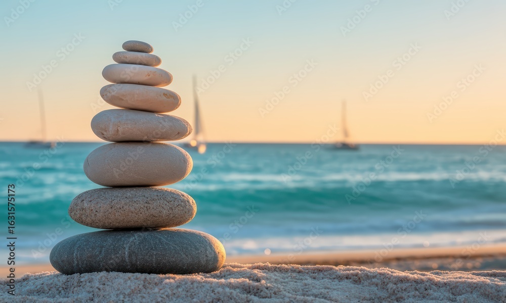 Fototapeta premium Stacked Smooth Stones on Sandy Beach at Sunset with Sailboats in Background