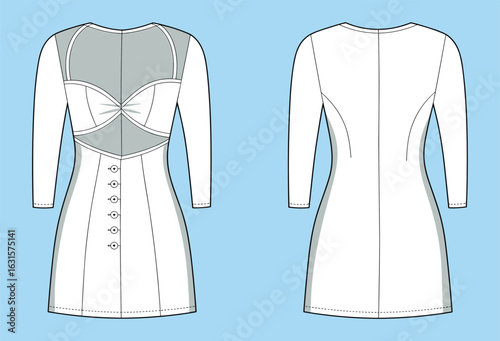 Fashion flat technical drawing of a white elegant long-sleeve mini dress with a sweetheart neckline, sheer mesh panel, and a chic corset-style front for women's apparel design