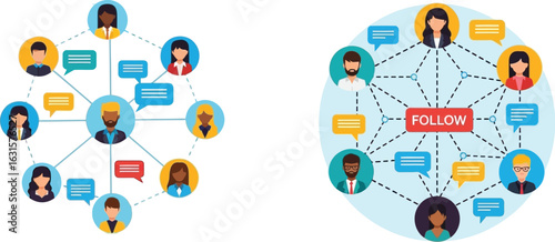 Illustration showing social media network connections and following on a blue and white background