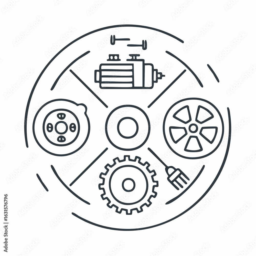Fototapeta premium Set of clean line icons of auto parts—tire, battery, engine spark plug—monochrome minimal vector.