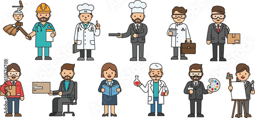 Various cartoon characters representing different professions standing in a group together