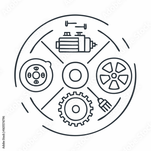 Set of clean line icons of auto parts—tire, battery, engine spark plug—monochrome minimal vector.