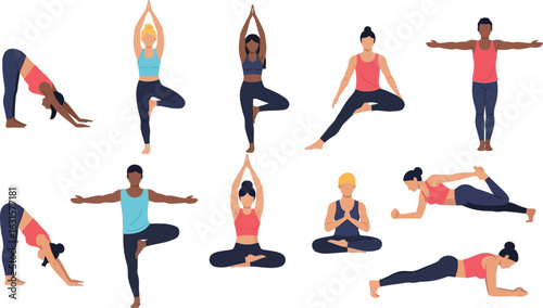 Diverse group of people demonstrating various yoga poses on a white background in vector illustration