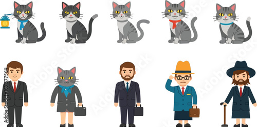 Cartoon cats and people in business attire standing on a white background in a vector illustration