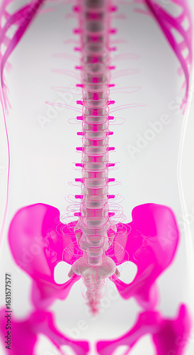 human spine with pink glowing hip and shoulder bones, on white background, medical illustration style, vector graphics, 3D rendering, high resolution, professional studio lighting