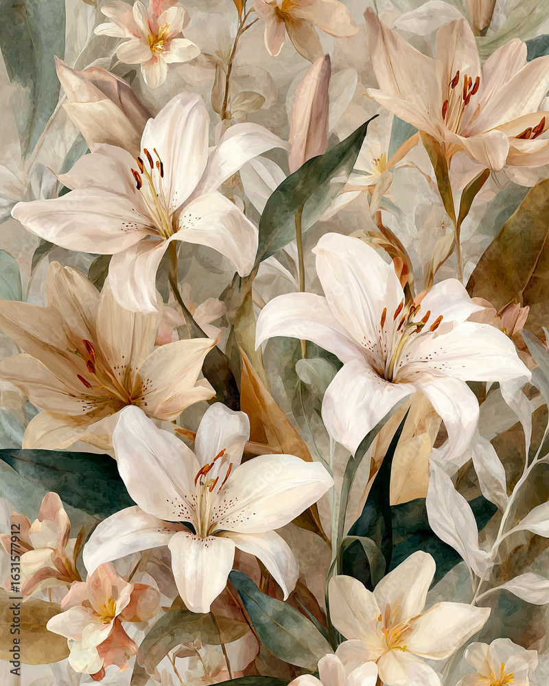 Fototapeta premium Elegant White Lily Botanical Illustration with Soft Pastel Background