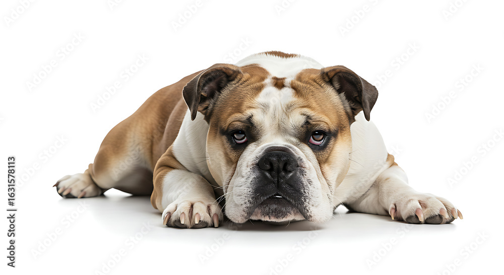 Fototapeta premium English bulldog relaxing with a grumpy yet lovable expression on white background