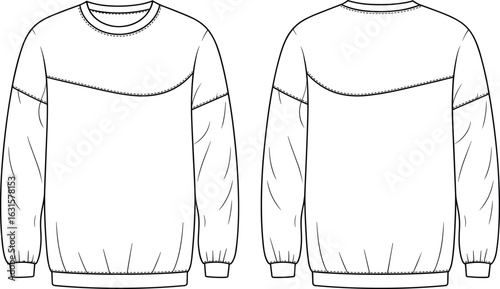 Fashion flat technical sketch of a comfortable sweatshirt with a curved yoke seam and raglan sleeves, perfect for apparel design projects