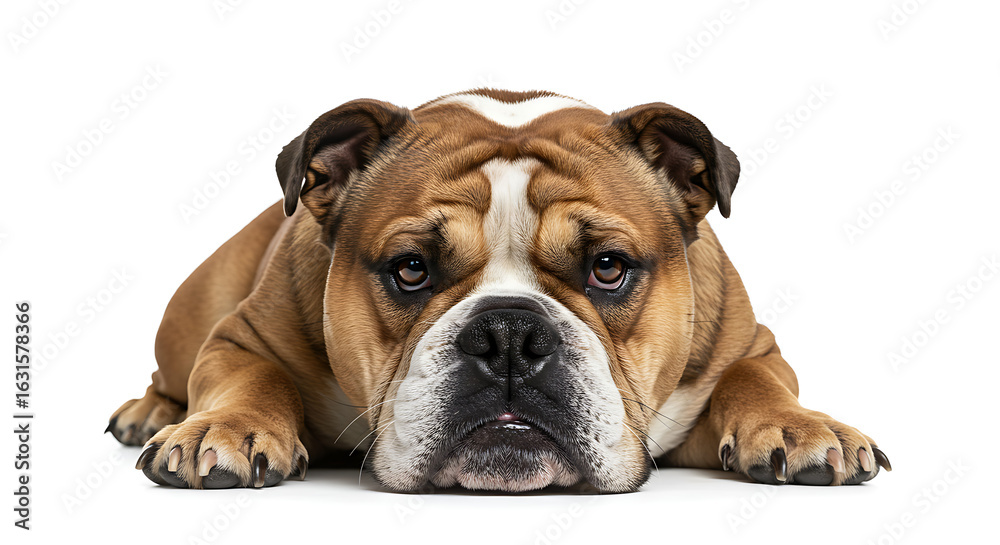 Fototapeta premium English bulldog relaxing with a grumpy yet lovable expression on white background